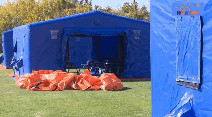 Inflatable disaster relief tent in Romania
